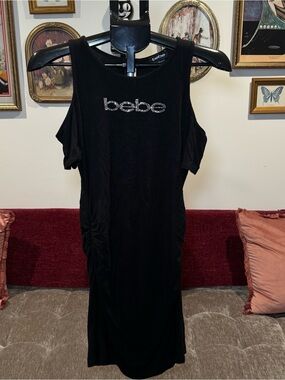 bebe Black Rhinestone Logo Cold-Shoulder Dress